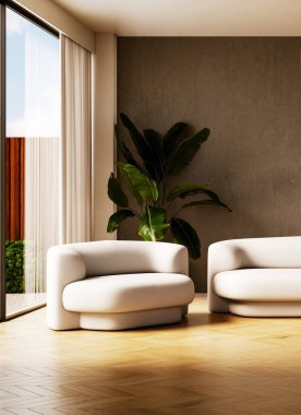 Büyük lüks, modern, parlak iç mekan. Oturma odası tasviri 3D canlandırma.