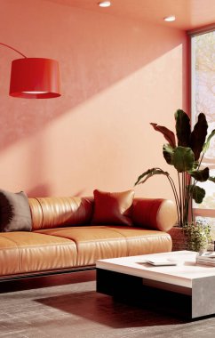 Büyük lüks, modern, parlak iç mekan. Oturma odası tasviri 3D canlandırma.