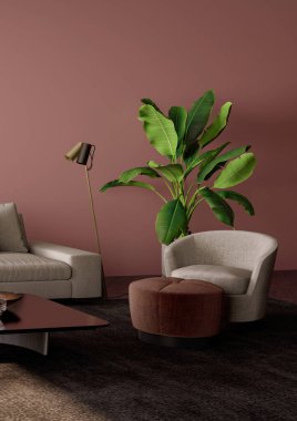 Büyük lüks, modern, parlak iç mekan. Oturma odası tasviri 3D canlandırma.