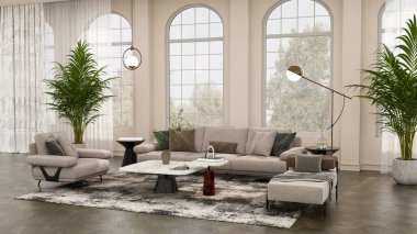 Büyük lüks, modern, parlak iç mekânlar. Oturma odası, boş oda modellemesi. Görüntü 3 boyutlu.