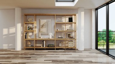 Büyük lüks, modern, parlak iç mekânlar. Oturma odası, boş oda modellemesi. Görüntü 3 boyutlu.