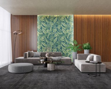 Büyük lüks, modern, parlak iç mekânlar. Oturma odası, boş oda modellemesi. Görüntü 3 boyutlu.