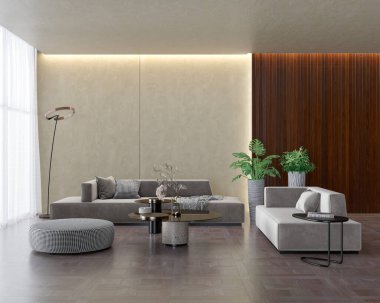 Büyük lüks, modern, parlak iç mekânlar. Oturma odası, boş oda modellemesi. Görüntü 3 boyutlu.