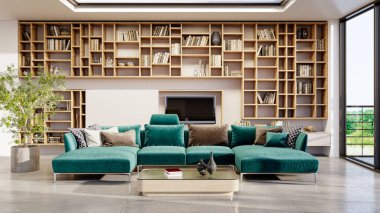 Büyük lüks, modern, parlak iç mekânlar. Oturma odası, boş oda modellemesi. Görüntü 3 boyutlu.