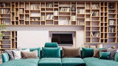 Büyük lüks, modern, parlak iç mekânlar. Oturma odası, boş oda modellemesi. Görüntü 3 boyutlu.