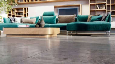 Büyük lüks, modern, parlak iç mekânlar. Oturma odası, boş oda modellemesi. Görüntü 3 boyutlu.