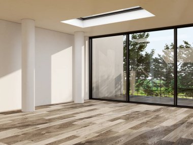 Büyük lüks, modern, parlak iç mekânlar. Oturma odası, boş oda modellemesi. Görüntü 3 boyutlu.