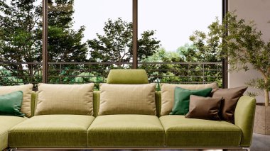 Büyük lüks, modern, parlak iç mekânlar. Oturma odası, boş oda modellemesi. Görüntü 3 boyutlu.