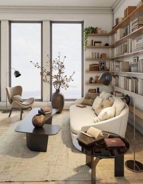 Büyük lüks, modern, parlak iç mekan. Oturma odası tasviri 3D canlandırma.