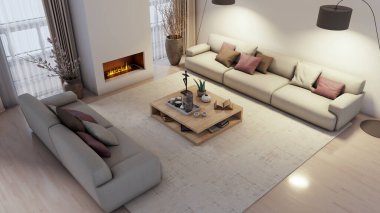 Büyük lüks, modern, parlak iç mekan. Oturma odası tasviri 3D canlandırma.