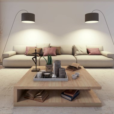 Büyük lüks, modern, parlak iç mekan. Oturma odası tasviri 3D canlandırma.