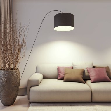 Büyük lüks, modern, parlak iç mekan. Oturma odası tasviri 3D canlandırma.