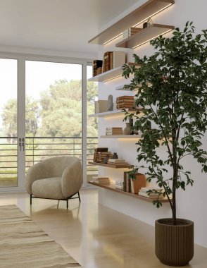 Büyük lüks, modern, parlak iç mekan. Oturma odası tasviri 3D canlandırma.