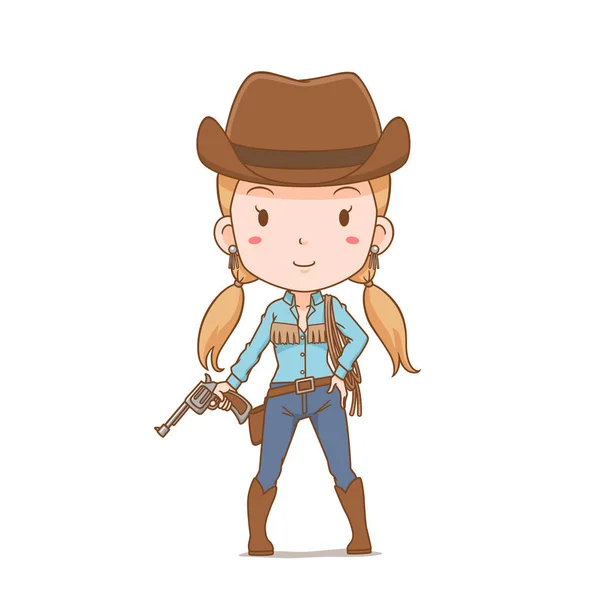 Personagem Desenho Animado Cowgirl Bonito Segurando Arma — Vetor de Stock