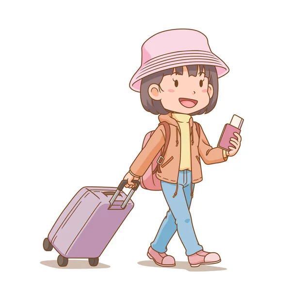 卡通人物 旅行女孩拖着手提箱并持有护照 — 图库矢量图片