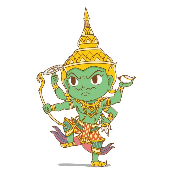 Personagem Desenho Animado Deus Indra Verde Estilo Tailandês —  Vetores de Stock