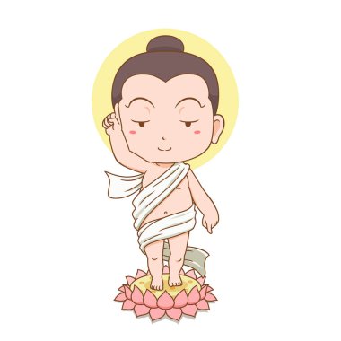 Bebek Buda ayağını destekleyen nilüfer çiçeğiyle yürüyordu. Parmağını gökyüzüne ve yere doğru tutar..