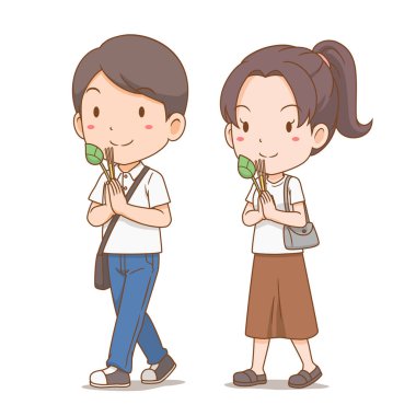 Karikatür adamı ve kadın elinde mum tütsüleri ve nilüfer çiçeğiyle dolaşım seremonisinde yürüyorlar..