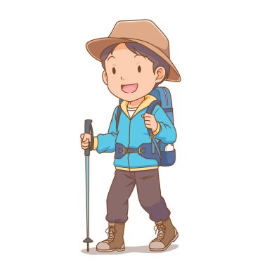 Sırt çantalı ve sırıklı yürüyüşçü çocuk karakteri.