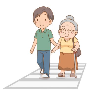 Karikatür çizimi yaşlı kadının karşıya geçmesine yardım eden adamın resmi..