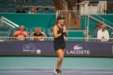 MIAMI GARDENS, FLORIDA - MARCH 31, 2022: Professional tennis player Jessica Pegula of USA in action during Miami Open 2022 semi-final match at the Hard Rock Stadium in Miami Gardens, Florida