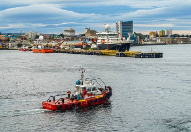 PUNTA ARENAS, CHILE - JANUARY 31, 2020: A Pilot Vessel Drake in Punta Arenas Port harbor, Chile