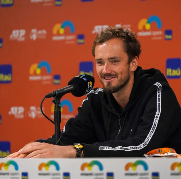 Stock image MIAMI GARDENS, FLORIDA - MARCH 30, 2023: Daniil Medvedev of Russia during press conference after quarter-final match against Christopher Eubanks of USA at 2023 Miami Open at the Hard Rock Stadium in Miami Gardens, Florida, USA