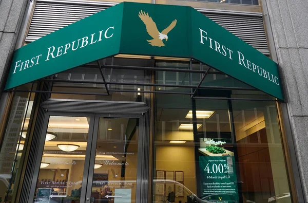 NEW YORK - MAY 4, 2023: First Republic Bank located at 443 Park Ave South in Midtown Manhattan. On May 1, 2023, as part of the 2023 banking crisis, the FDIC announced that First Republic had been closed and sold to JP Morgan Chase
