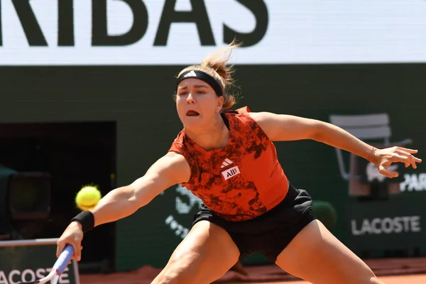 stock image PARIS, FRANCE - JUNE 8, 2023: Professional tennis player Karolina Muchova of Czech Republic in action during women singles semi-final match against Aryna Sabalenka of Belarus at 2023 Roland Garros in Paris, France