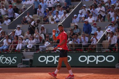 PARIS, FRANCE - 9 Haziran 2023: Sırp profesyonel tenisçi Novak Cokoviç, 2023 'te Fransa' nın Paris kentinde İspanyol Carlos Alkaraz 'a karşı oynanan yarı final karşılaşmasının zaferini kutladı