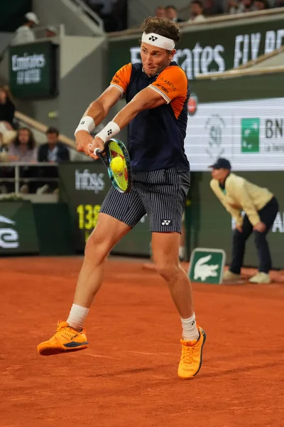 stock image PARIS, FRANCE - JUNE 9, 2023: Professional tennis player Casper Ruud of Norway in action during men singles semi-final match against Alexander Zverev of Germany at 2023 Roland Garros in Paris, France