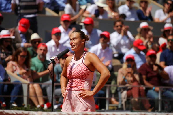Paris Frankrike Juni 2023 Professionell Tennisspelare Aryna Sabalenka Vitryssland Domstolsintervju — Stockfoto