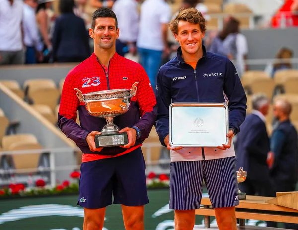 Paris Frankreich Juni 2023 Roland Garros Champion Novak Djokovic Und — Stockfoto