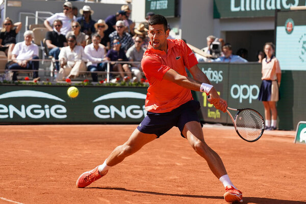 PARIS, FRANCE - JUNE 4, 2023: Professional tennis player Novak Djokovic of Serbia in action during men singles round 4 match against Juan Pablo Varillas or Peru at 2023 Roland Garros in Paris, France