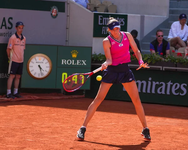 stock image PARIS, FRANCE - MAY 30, 2023: Professional tennis player Elena Rybakina of Kazakhstan in action during women singles first round match against Brenda Fruhvirtova of Czech Republic at 2023 Roland Garros in Paris, France