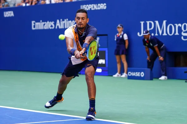 stock image NEW YORK - SEPTEMBER 1, 2018: Professional tennis player Nick Kyrgios of Australia in action during his 2018 US Open round of 32 match against Roger Federer at Billie Jean King National Tennis Center