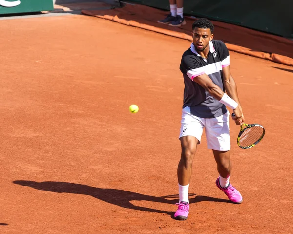 stock image PARIS, FRANCE - MAY 29, 2023: Professional tennis player Arthur Fils of France in action during men singles first round match against Alejandro Davidovich Fokina of Spain at 2023 Roland Garros in Paris, France