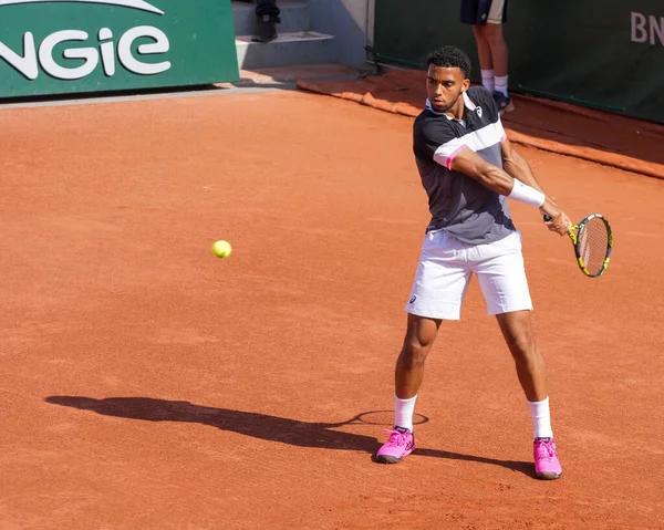 stock image PARIS, FRANCE - MAY 29, 2023: Professional tennis player Arthur Fils of France in action during men singles first round match against Alejandro Davidovich Fokina of Spain at 2023 Roland Garros in Paris, France