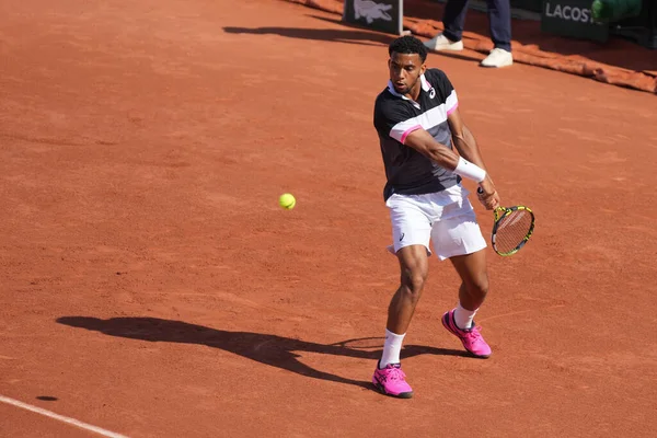 stock image PARIS, FRANCE - MAY 29, 2023: Professional tennis player Arthur Fils of France in action during men singles first round match against Alejandro Davidovich Fokina of Spain at 2023 Roland Garros in Paris, France