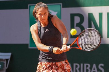 PARIS, FRANCE - JUNE 4, 2023: Professional tennis player Daria Kasatkina of Russia in action during women's singles fourth round match against Elina Svitolina of Ukraine at 2023 Roland Garros in Paris, France clipart