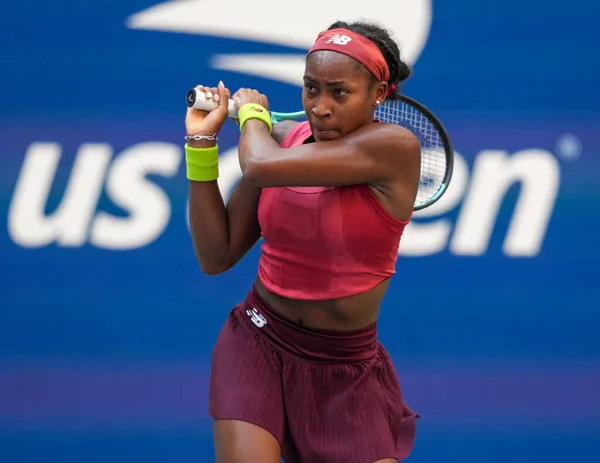 stock image NEW YORK - SEPTEMBER 3, 2023: Professional tennis player Coco Gauff of United States in action during round of 16 match against Caroline Wozniacki of Denmark at the 2023 US Open at Billie Jean King National Tennis Center in New York