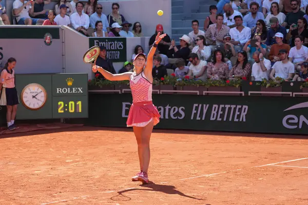 stock image PARIS, FRANCE - JUNE 3, 2023: Professional tennis player Mirra Andreeva of Russia in action during women round 3 match against Coco Gauff of United States at 2023 Roland Garros in Paris, France