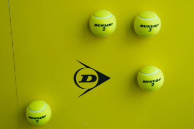 MIAMI GARDENS, FLORIDA - APRIL 2, 2023: Miami Open Official tennis ball at the Hard Rock Stadium in Miami Gardens, Florida. Dunlop tennis ball is an official ball of the Miami Open clipart