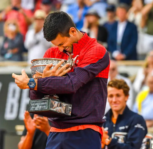 Stock image PARIS, FRANCE - JUNE 11, 2023: 2023 Roland Garros Champion Novak Djokovic of Serbia during trophy presentation after men singles final match against Casper Ruud of Norway at Court Philippe Chatrier