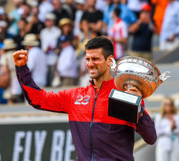 stock image PARIS, FRANCE - JUNE 11, 2023: 2023 Roland Garros Champion Novak Djokovic of Serbia during trophy presentation after men singles final match against Casper Ruud of Norway at Court Philippe Chatrier