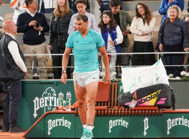 PARIS, FRANCE - MAY 27, 2024: Rafael Nadal of Spain during on court interview after the men's singles 1st round match against Alexander Zverev of Germany at the 2024 Roland Garros in Paris, France clipart