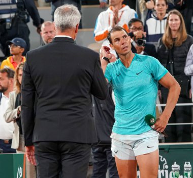 PARIS, FRANCE - MAY 27, 2024: Rafael Nadal of Spain during on court interview after the men's singles 1st round match against Alexander Zverev of Germany at the 2024 Roland Garros in Paris, France clipart