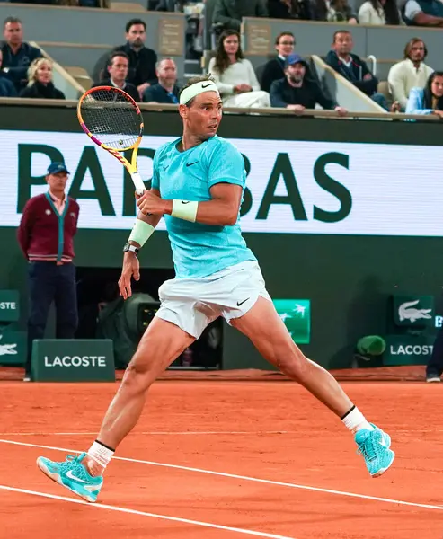 stock image PARIS, FRANCE - MAY 27, 2024: Grand Slam champion Rafael Nadal of Spain in action during his 2024 Roland Garros first round match against Alexander Zverev at Court Philippe Chatrier in Paris, France