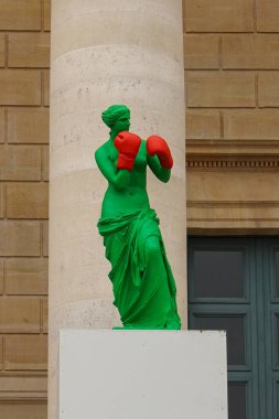 PARIS, FRANCE - MAY 29, 2024: Copies of the most famous Greek statues, the Venus of Milo, are installed on the steps of the French National Assembly to celebrate Olympic spirit in Paris, France clipart