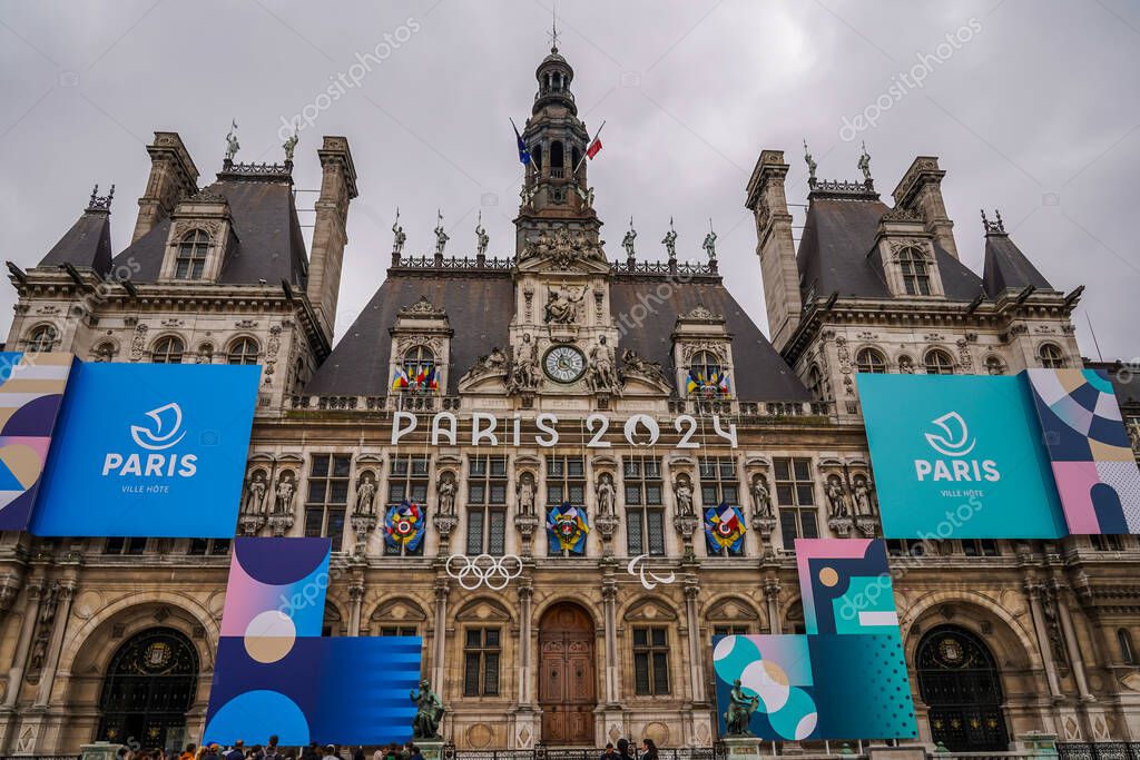 PARIS, FRANCE - MAY 31, 2024: The Olympic Rings are seen in front of the Paris City Hall in Paris, France